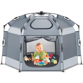 Pop up Playpen with Canopy - Portable Baby Beach Tent - Outdoor Baby Playpen - Indoor & Outdoor Play Yard for Babies, Foldable, Portable, Lightweight & Travel Bag - Gray