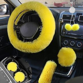 Fluffy Car Accessories Set,Fur Cute Fluffy Steering Wheel Cover Set for Women & Furry Handbrake Cover & Gear Shift Cover & Car Rearview Mirror Pendant & 2 Pieces Bling Car Coaster (Yellow)