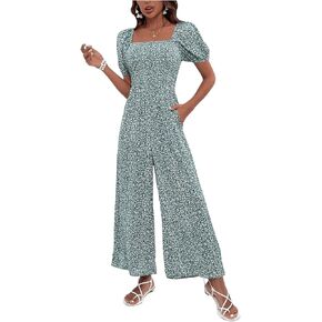 Floerns Women's Square Neck Ditsy Floral Puff Sleeve Wide Leg Jumpsuit