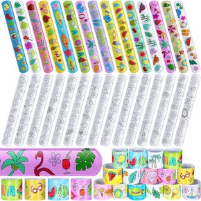 QUELAY 120 Pcs Hawaiian Theme Slap Bracelets Summer Crafts Color Your Own Slap Bracelets Aloha White Blank Snap Wristbands Bulk School Classroom Summer Game Party Favor, 30 Styles
