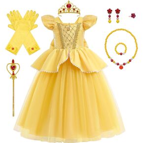 Princess Dress Up costume Outfit Beauty and Beast Cosplay for Little Girl Birthday Party Halloween Yellow 4-10Y