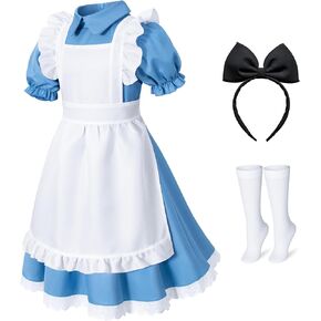 Girl Blue Dress White Apron Halloween Cosplay Costume With Bow Hair Band Stockings Set