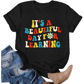 Teacher Shirts for Women It’s a Beautiful Day for Learning T-Shirt Short Sleeve Book Lovers Letter Printed Tee Tops