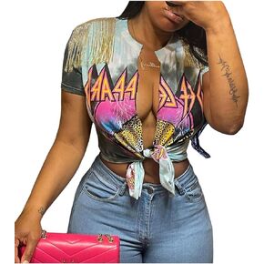 Bornpom Women Sexy Graphic Tees Low Cut V Neck Tops Fringe Short Sleeve Shirts Knot Front Tops
