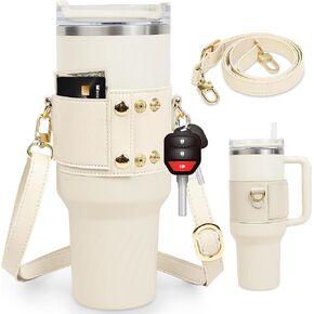 Water Bottle Holder with Strap, Compatible for Stanley 40 oz & 30 oz Tumbler with Handle, Water Bottle Carrier with Adjustable Strap, Card Holder, Keyring for Stanley Cup Accessories