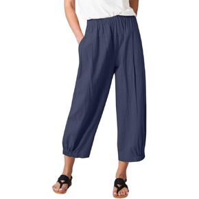 Women's Linen Ankle Capris Trousers Loose Comfy Lounge Elastic Waist Pants with Pockets