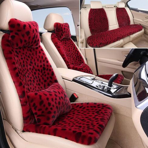 Fluffy Leopard Faux Rabbit Fur Seat Covers for Cars - Universal Fit, Full Set -Red Leopard, Front in Saudi Arabia