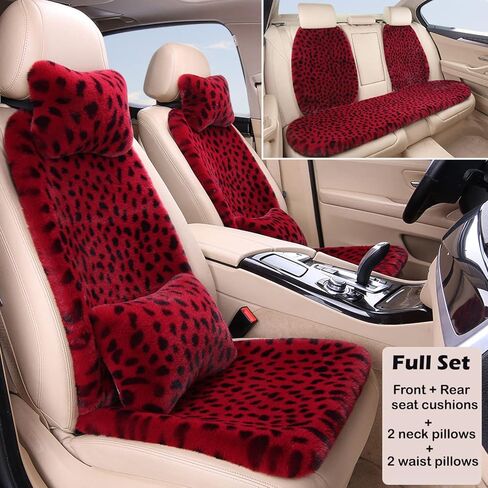 Fluffy Leopard Faux Rabbit Fur Seat Covers for Cars - Universal Fit, Full Set -Red Leopard, Front in Saudi Arabia