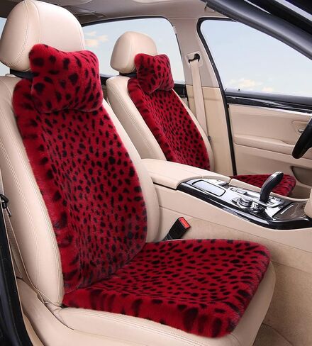 Fluffy Leopard Faux Rabbit Fur Seat Covers for Cars - Universal Fit, Full Set -Red Leopard, Front in Saudi Arabia