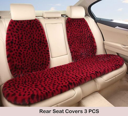 Fluffy Leopard Faux Rabbit Fur Seat Covers for Cars - Universal Fit, Full Set -Red Leopard, Front in Saudi Arabia