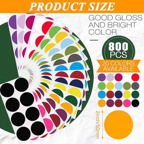 800 Pieces 2 Inch Round Color Coding Label Sticker 20 Assorted Colors Circle Dot Stickers Self-Adhesive Colored Stickers Solid Color Round Sticker for Coloring, Marking, Organizing in Saudi Arabia