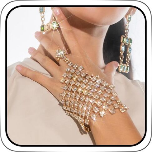 Rhinestone Ring Bracelets Crystal Hand Chain Silver Finger Ring Bracelet Sparkly Full Hand Harness Slave Chian Jewelry Accessories for Women and Girls in Saudi Arabia