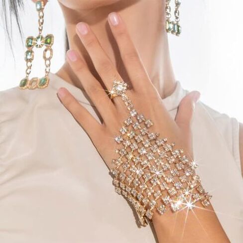 Rhinestone Ring Bracelets Crystal Hand Chain Silver Finger Ring Bracelet Sparkly Full Hand Harness Slave Chian Jewelry Accessories for Women and Girls in Saudi Arabia
