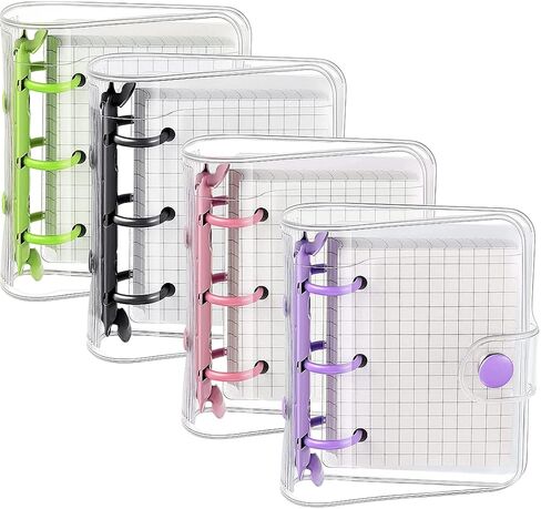 4 Set Mini Transparent 3-Ring Binder Covers with Grid Inner Page and 12 Pcs Binder Pockets(3 Pcs/Set) Clear PVC Binder Cover with Snap Button Mini Loose Leaf Notebook Binder(80 Sheets Paper/Set) in Kuwait
