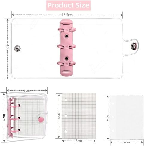 4 Set Mini Transparent 3-Ring Binder Covers with Grid Inner Page and 12 Pcs Binder Pockets(3 Pcs/Set) Clear PVC Binder Cover with Snap Button Mini Loose Leaf Notebook Binder(80 Sheets Paper/Set) in Kuwait