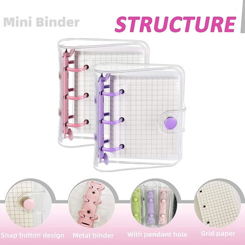 4 Set Mini Transparent 3-Ring Binder Covers with Grid Inner Page and 12 Pcs Binder Pockets(3 Pcs/Set) Clear PVC Binder Cover with Snap Button Mini Loose Leaf Notebook Binder(80 Sheets Paper/Set) in Kuwait