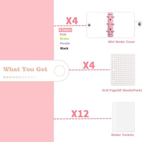 4 Set Mini Transparent 3-Ring Binder Covers with Grid Inner Page and 12 Pcs Binder Pockets(3 Pcs/Set) Clear PVC Binder Cover with Snap Button Mini Loose Leaf Notebook Binder(80 Sheets Paper/Set) in Kuwait