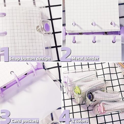 4 Set Mini Transparent 3-Ring Binder Covers with Grid Inner Page and 12 Pcs Binder Pockets(3 Pcs/Set) Clear PVC Binder Cover with Snap Button Mini Loose Leaf Notebook Binder(80 Sheets Paper/Set) in Kuwait