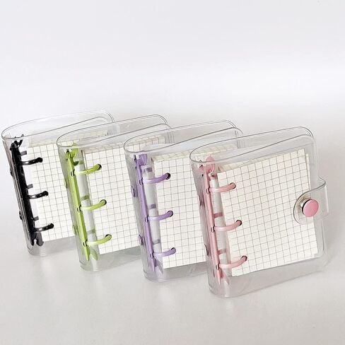 4 Set Mini Transparent 3-Ring Binder Covers with Grid Inner Page and 12 Pcs Binder Pockets(3 Pcs/Set) Clear PVC Binder Cover with Snap Button Mini Loose Leaf Notebook Binder(80 Sheets Paper/Set) in Kuwait