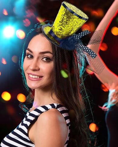قبعة علوية صغيرة ذهبية لامعة على عصابة الرأس مع حجاب للنساء EDM Music Festival Halloween عيد الميلاد رأس السنة الجديدة in Saudi Arabia