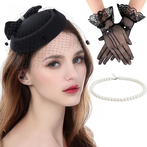 3PCS Fascinators Hats with Veil for Women 20s 50s Vintage Tea Party Pillbox Hat with Gloves and Pearl Necklace in Saudi Arabia