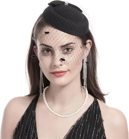 3PCS Fascinators Hats with Veil for Women 20s 50s Vintage Tea Party Pillbox Hat with Gloves and Pearl Necklace in Saudi Arabia