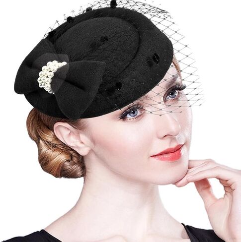 3PCS Fascinators Hats with Veil for Women 20s 50s Vintage Tea Party Pillbox Hat with Gloves and Pearl Necklace in Saudi Arabia