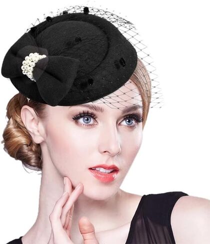 3PCS Fascinators Hats with Veil for Women 20s 50s Vintage Tea Party Pillbox Hat with Gloves and Pearl Necklace in Saudi Arabia