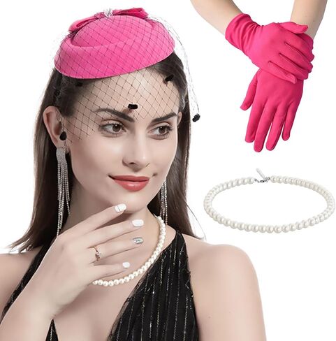 3PCS Fascinators Hats with Veil for Women 20s 50s Vintage Tea Party Pillbox Hat with Gloves and Pearl Necklace in Saudi Arabia