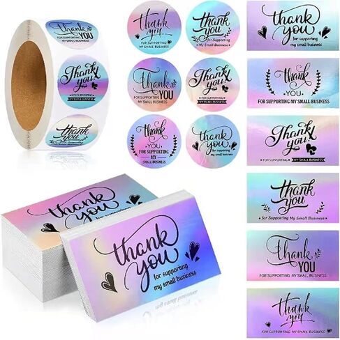 مجموعة بطاقات وملصقات الشكر، 50 قطعة من بطاقة العمل شكرًا لك + 500 ملصق شكرًا لك على شكل قوس قزح ثلاثي الأبعاد شكرًا لك على دعم بطاقات الأعمال الصغيرة والملصقات وبطاقات ملاحظات التقدير in Kuwait