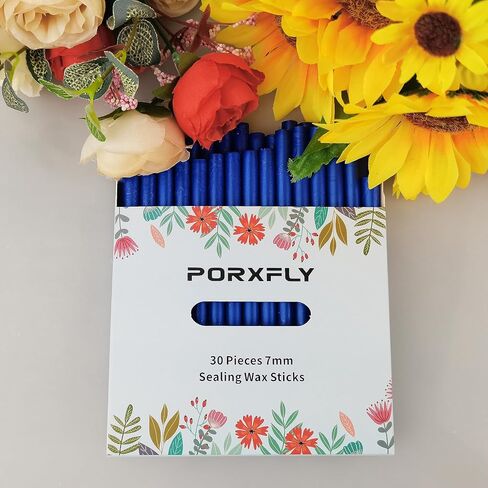 30 قطعة من أعواد الشمع الختم 7 مم لمسدس الغراء، أعواد ختم الشمع الصغيرة من PORXFLY رائعة لأظرف البطاقات، ودعوات الزفاف، وتغليف الهدايا، وحزم النبيذ (أزرق ياقوتي) in Kuwait