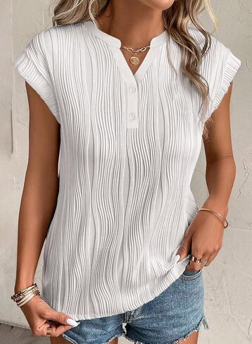 EVALESS Womens Summer Short Sleeve Textured Tops Trendy V Neck Cap Sleeve Solid Loose Dressy Casual Basic T Shirts Blouses in Saudi Arabia
