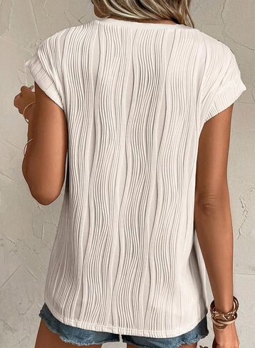 EVALESS Womens Summer Short Sleeve Textured Tops Trendy V Neck Cap Sleeve Solid Loose Dressy Casual Basic T Shirts Blouses in Saudi Arabia