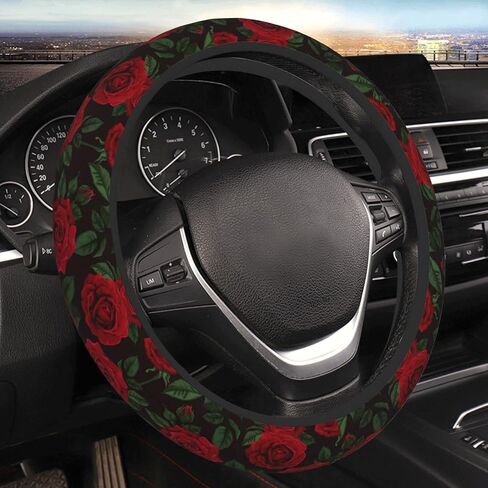 Red Roses Steering Wheel Cover Romantic Flowers Green Leaves Decorative Summer Growth Plant Black Universal 15 inch Neoprene Automobile Interior Anti-Skid Steering Wheel Protector in Saudi Arabia