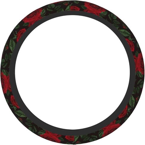 Red Roses Steering Wheel Cover Romantic Flowers Green Leaves Decorative Summer Growth Plant Black Universal 15 inch Neoprene Automobile Interior Anti-Skid Steering Wheel Protector in Saudi Arabia