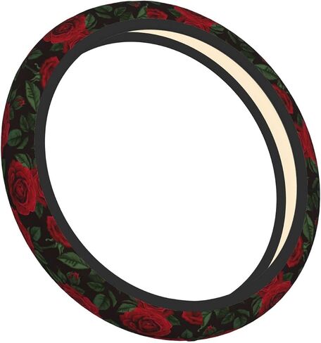 Red Roses Steering Wheel Cover Romantic Flowers Green Leaves Decorative Summer Growth Plant Black Universal 15 inch Neoprene Automobile Interior Anti-Skid Steering Wheel Protector in Saudi Arabia