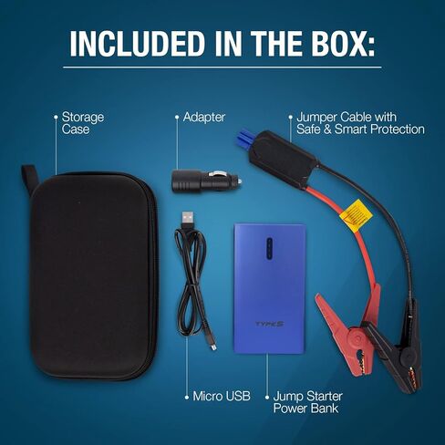 Type S 1000A 12V 6.0L Jump Starter Power Bank with Dual USB Charging and 8,000 mAh Power Bank - Black in Saudi Arabia