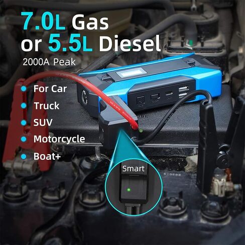 A11 Portable Automotive Jump Starter 2000A 12V Lithium Car Battery Booster Jump Starter Pack with LCD Display, USB Quick Charge, for Up to 10.0L Gasoline and 7.0L Diesel Engines (Blue) in Saudi Arabia