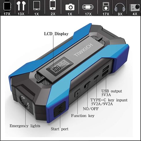 A11 Portable Automotive Jump Starter 2000A 12V Lithium Car Battery Booster Jump Starter Pack with LCD Display, USB Quick Charge, for Up to 10.0L Gasoline and 7.0L Diesel Engines (Blue) in Saudi Arabia