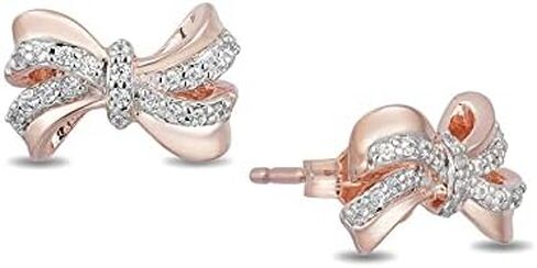 Jewelili Enchanted Disney Fine Jewelry 10K Rose Gold 1/10 CTTW Diamond Snow White Bow Earrings in Saudi Arabia