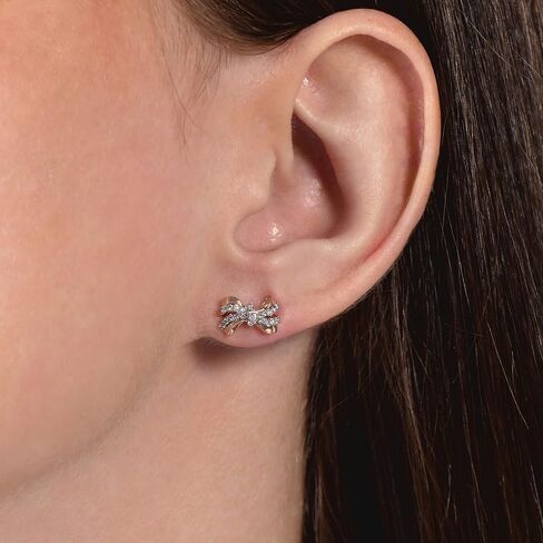 Jewelili Enchanted Disney Fine Jewelry 10K Rose Gold 1/10 CTTW Diamond Snow White Bow Earrings in Saudi Arabia