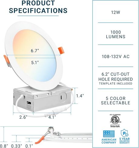 PARMIDA (16 Pack) 6 Inch Dimmable 5CCT Ultra-Thin LED Recessed Ceiling Light with Junction Box, 5 Color Selectable 2700K/3000K/3500K/4000K/5000K, 12W, Canless Wafer Slim Panel Downlight, IC Rated, ETL in Kuwait