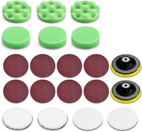 KIMO 20PCS 4-Inch Polishing Pad Kit w/Flat Foam Pads, Wave Foam Pads, Woolen Buffer Pads, Microfiber Polishing Pads, Sandpapers,Replaceable Paste Trays in Kuwait