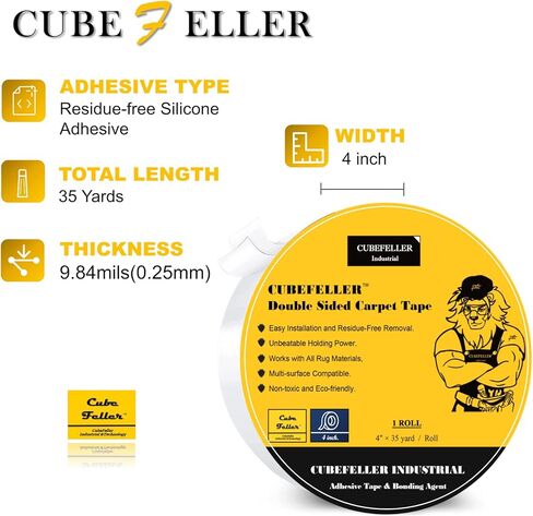 شريط سجاد cubefeller® | 4 بوصة × 35 ياردة (105 قدم) | شريط سجاد مزدوج الجوانب للأرضيات الصلبة | شريط سجاد خالي من البقايا لسجاد المنطقة على السجاد | شريط سجاد عالي التحمل على الوجهين للبساط in Kuwait