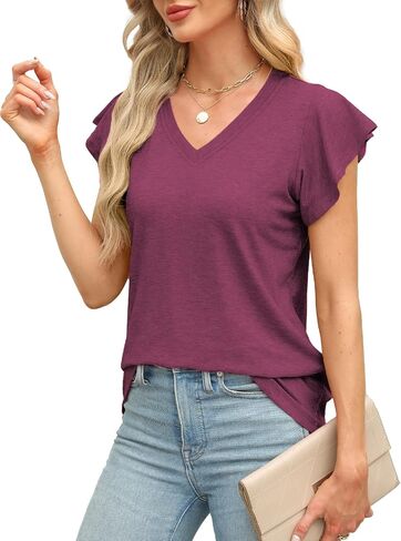 JomeDesign Womens Tops Summer Short Sleeve V Neck Shirts Ruffle Sleeve Casual T-Shirts Loose Fit in Saudi Arabia