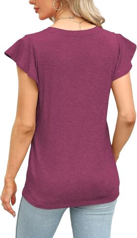 JomeDesign Womens Tops Summer Short Sleeve V Neck Shirts Ruffle Sleeve Casual T-Shirts Loose Fit in Saudi Arabia