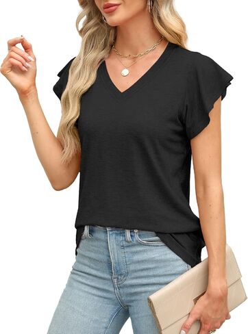 JomeDesign Womens Tops Summer Short Sleeve V Neck Shirts Ruffle Sleeve Casual T-Shirts Loose Fit in Saudi Arabia