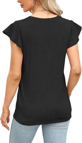 JomeDesign Womens Tops Summer Short Sleeve V Neck Shirts Ruffle Sleeve Casual T-Shirts Loose Fit in Saudi Arabia