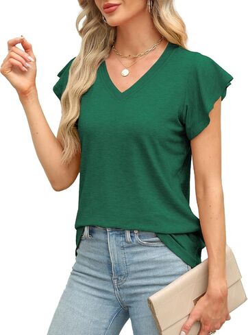 JomeDesign Womens Tops Summer Short Sleeve V Neck Shirts Ruffle Sleeve Casual T-Shirts Loose Fit in Saudi Arabia