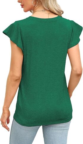 JomeDesign Womens Tops Summer Short Sleeve V Neck Shirts Ruffle Sleeve Casual T-Shirts Loose Fit in Saudi Arabia